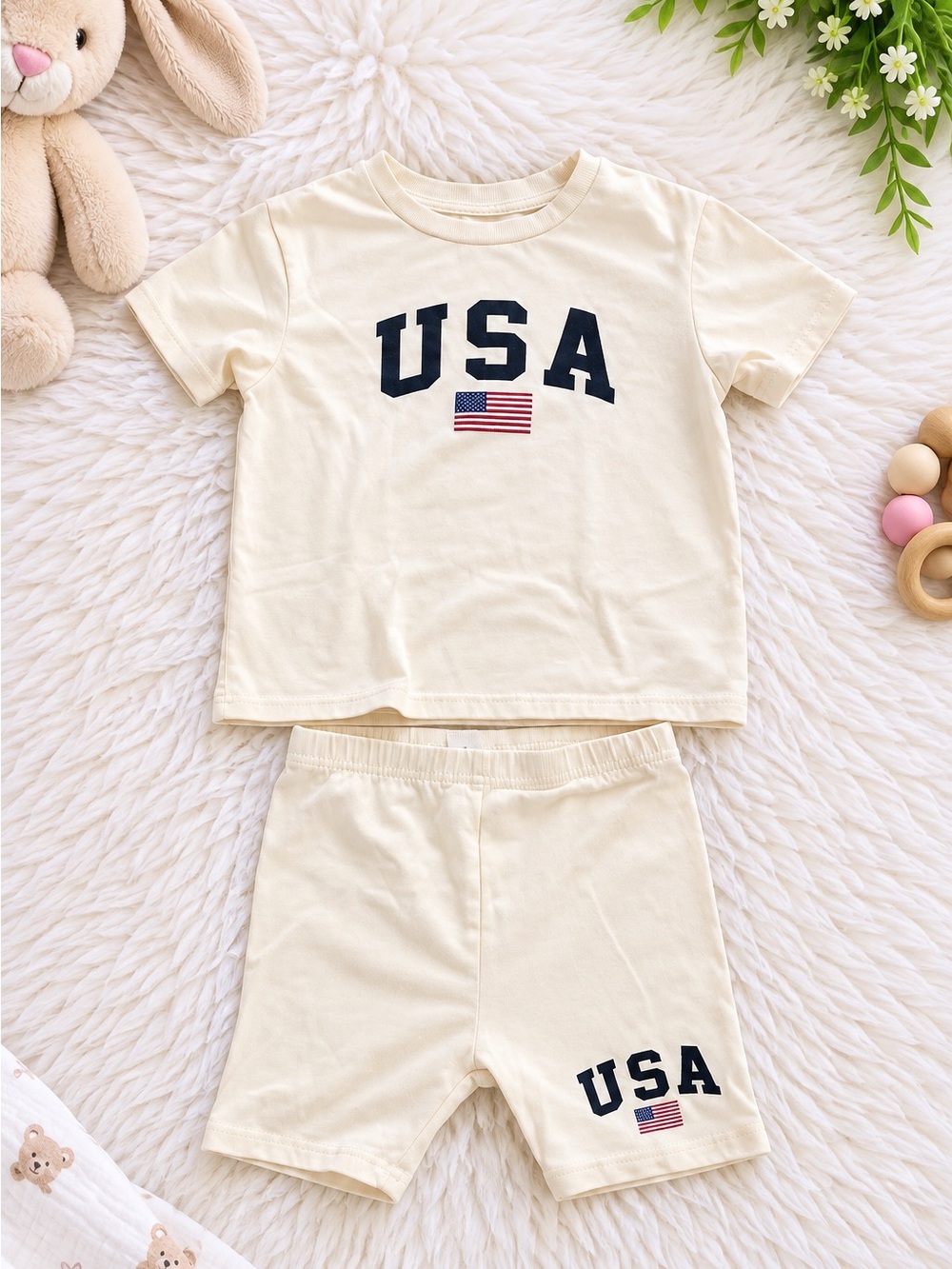 🇺🇸 SHEIN USA Tee & Biker Shorts Set – 12–18M
